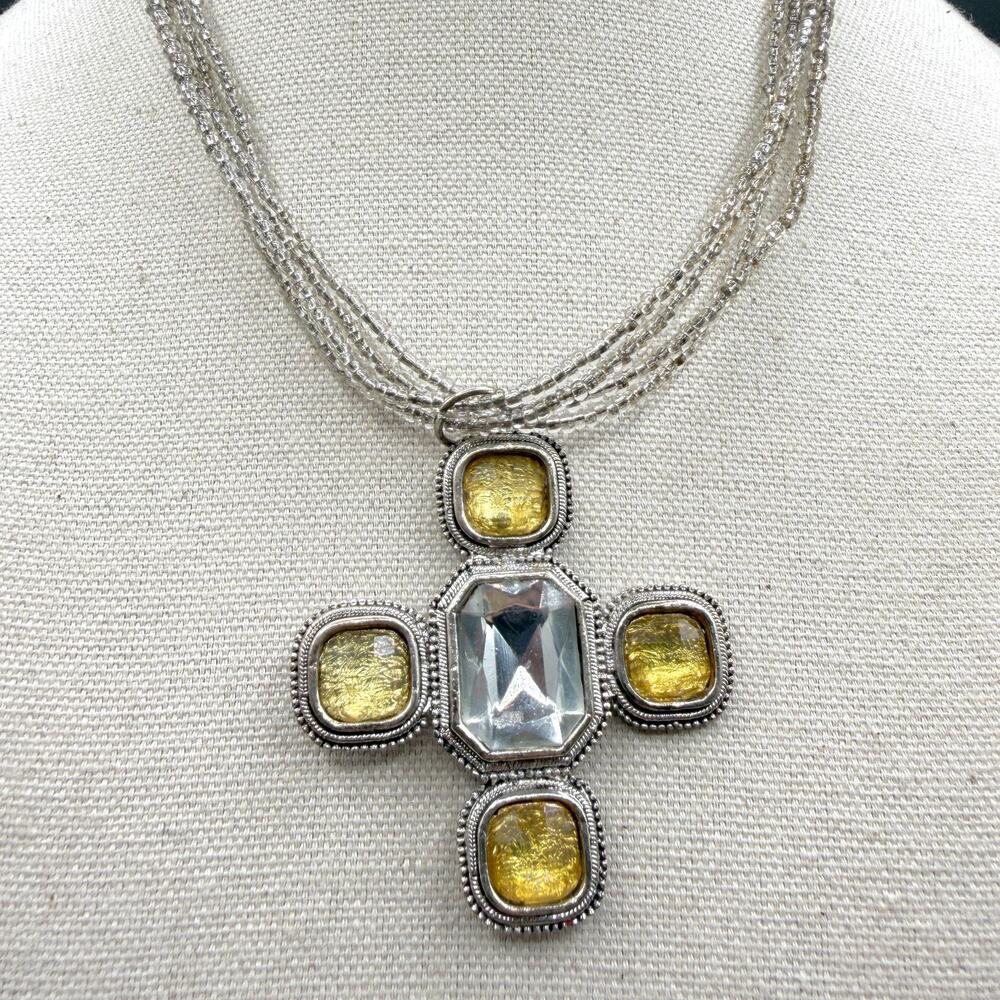 Amber & Silver Tone Cross Pendant Necklace Glass Multi Strand Beaded Vintage